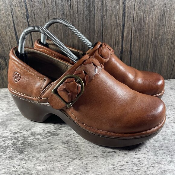Ariat Womens Amy Braided Buckle cognac Brown Leather Clogs Mules 10012030 Sz 9.5 - Picture 1 of 10